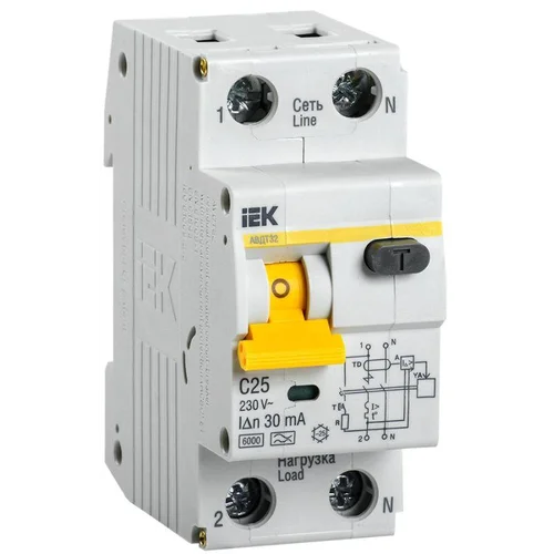 Выключатель автоматический дифференциального тока 2п (1P+N) C 25А 30мА тип A 6кА АВДТ-32 IEK MAD22-5