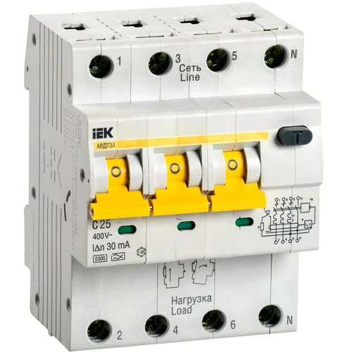 Выключатель автоматический дифференциального тока 4п (3P+N) C 25А 30мА тип A 6кА АВДТ-34 IEK MAD22-6