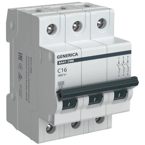 Выключатель автоматический модульный 3п C 16А 4.5кА ВА47-29М GENERICA MVA21-3-016-C-G
