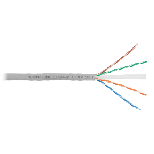 Кабель NIKOMAX U/UTP 4 пары, Кат.6 (Класс E), тест по ISO/IEC, 250МГц, одножильный, BC (чистая медь), 23AWG (0,53мм), поливинилхлорид, внутренний, сер