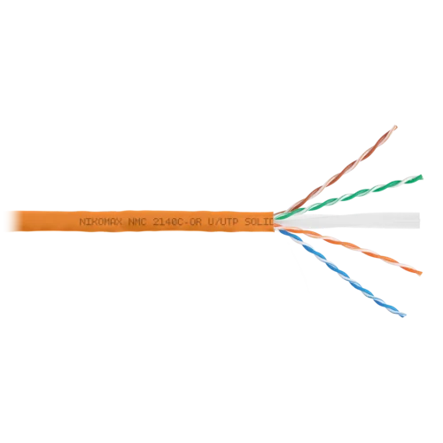 Кабель NIKOMAX U/UTP 4 пары, Кат.6 (Класс E), тест по ISO/IEC, 250МГц, одножильный, BC (чистая медь), 24AWG (0,53мм), полимерный материал нг(А)-HF, вн