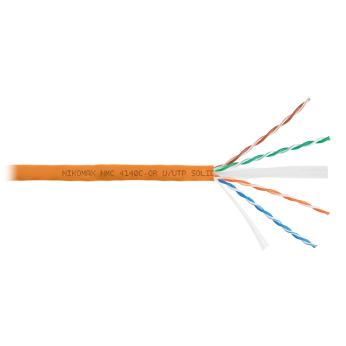 Кабель NIKOMAX U/UTP 4 пары, Кат.6 (Класс E), тест по ISO/IEC, 250МГц, одножильный, BC (чистая медь), 23AWG (0,55мм), полимерный материал нг(А)-HF, вн