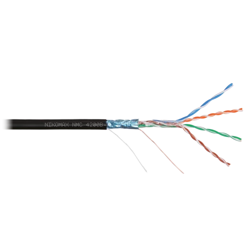 Кабель NIKOMAX F/UTP 4 пары, Кат.5e, тест по ISO/IEC, 100МГц, одножильный, BC (чистая медь), 24AWG (0,51мм), полиэтилен, внешний, черный, 305м