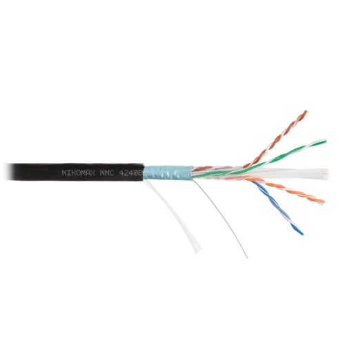 Кабель NIKOMAX F/UTP 4 пары, Кат.6 (Класс E), тест по ISO/IEC, 250МГц, одножильный, BC (чистая медь), 23AWG (0,55мм), полиэтилен, внешний, черный, 305