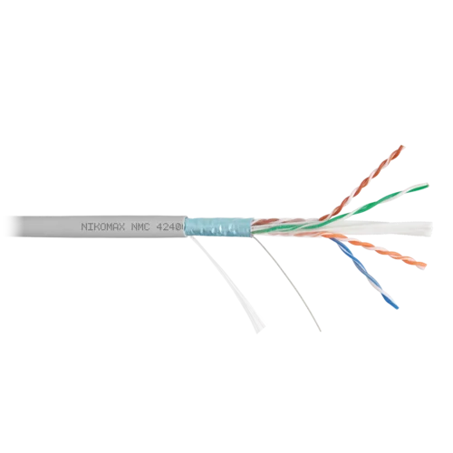Кабель NIKOMAX F/UTP 4 пары, Кат.6 (Класс E), тест по ISO/IEC, 250МГц, одножильный, BC (чистая медь), 23AWG (0,55мм), полимерный материал нг(А)-HF, вн