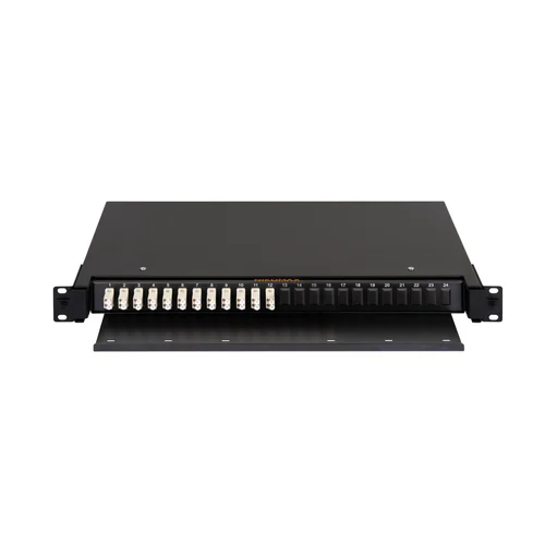 Оптический кросс NIKOMAX 19" Premium Line, 1U, укомплектованный на 24 порта LC/UPC (12 двойных LC/UPC адаптеров), MM 50/125 OM2, выдвижной, с полкой