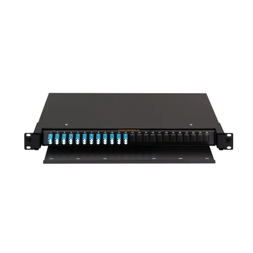 Оптический кросс NIKOMAX 19" Premium Line, 1U, укомплектованный на 24 порта LC/UPC (12 двойных LC/UPC адаптеров), SM 9/125 OS2, выдвижной, с полкой