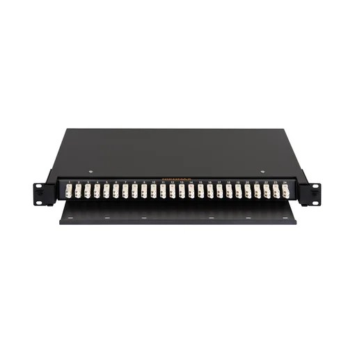 Оптический кросс NIKOMAX 19" Premium Line, 1U, укомплектованный на 48 портов LC/UPC (24 двойных LC/UPC адаптеров), MM 50/125 OM2, выдвижной, с полкой