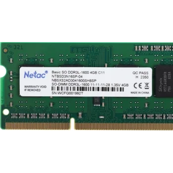 Память DDR3L 4Gb 1600MHz Netac NTBSD3N16SP-04 Basic RTL PC3-12800 CL11 SO-DIMM 204-pin 1.35В