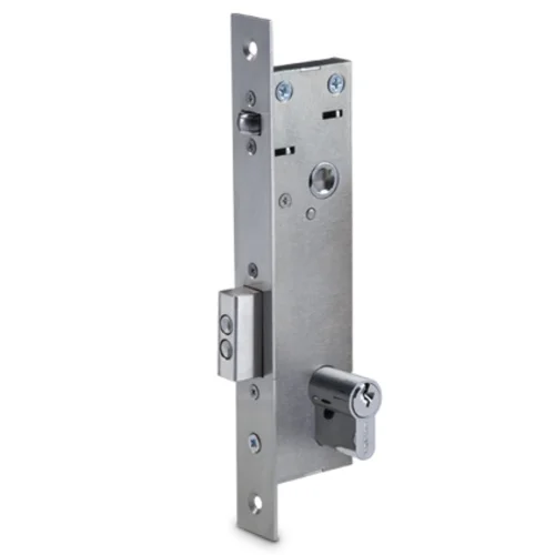 Врезной электромеханический замок с контактным устройством для двери из алюминиевого профиля, нормально закрытый, межцентровое расстояние 85 мм