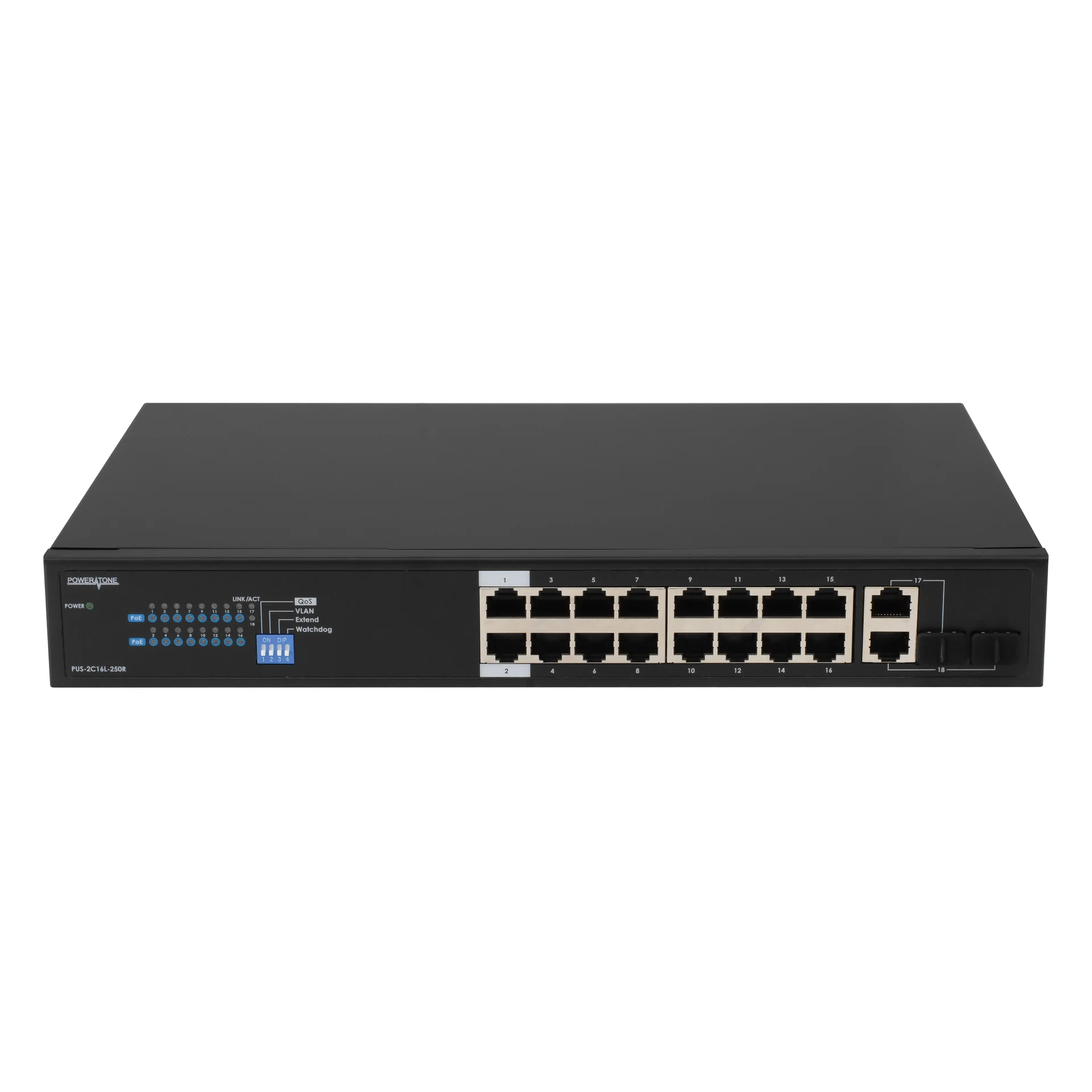 Неуправляемый 16 портовый PoE коммутатор PUS-2C16L-250R с возможностью установки в стойку