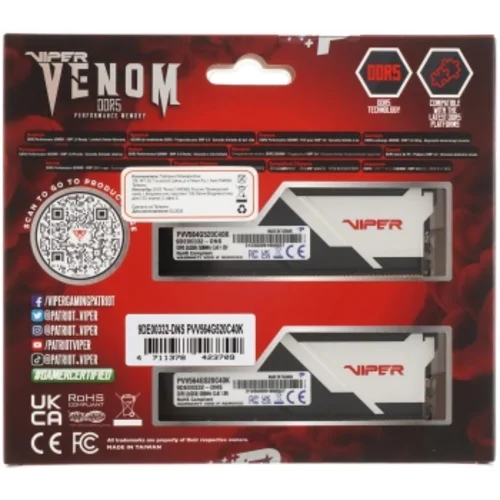 Память DDR5 2x32Gb 5200MHz Patriot PVV564G520C40K Viper Venom RTL Gaming PC5-41600 CL40 DIMM 288