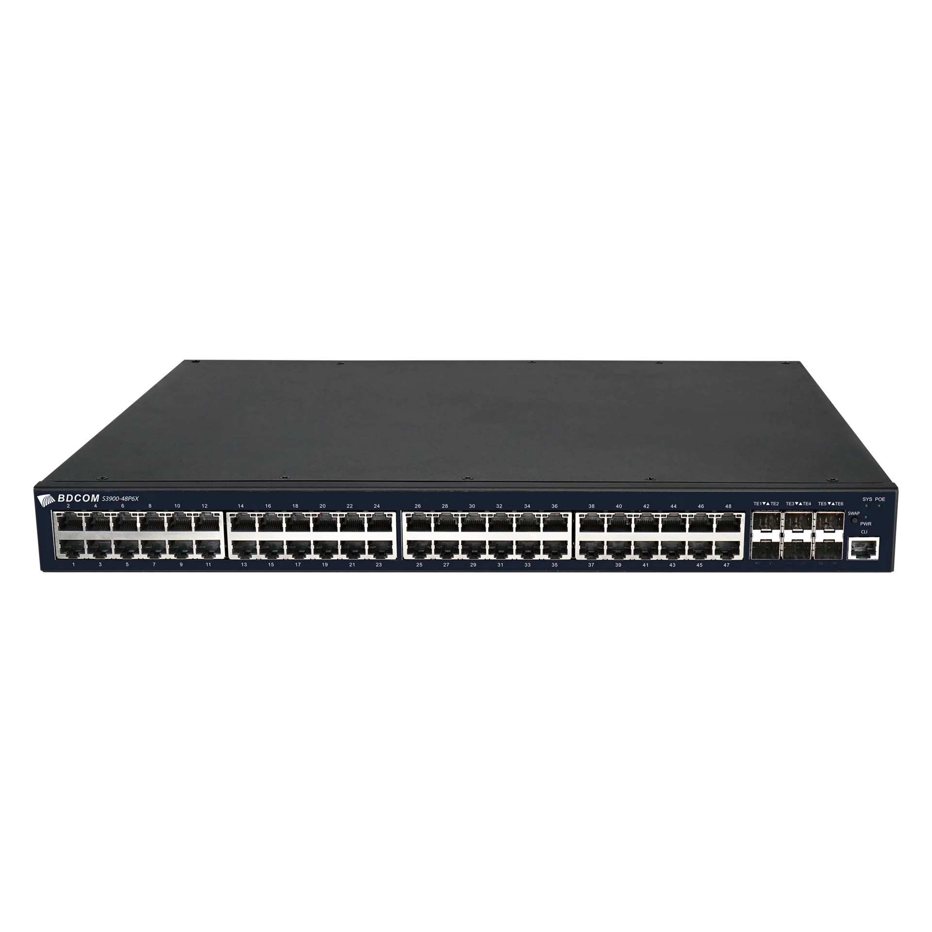 Управляемый PoE коммутатор уровня 3 BDCOM S3900-48P6X, 48x 10/100/1000BaseT PoE 802.3af/at до 740W, 6x 1/10GE SFP+, Hot Swap БП 1+1