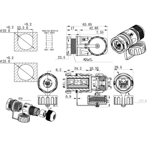 Герметичный соединитель для RJ-45 8P8С проходного типа, cat.6, IP-68