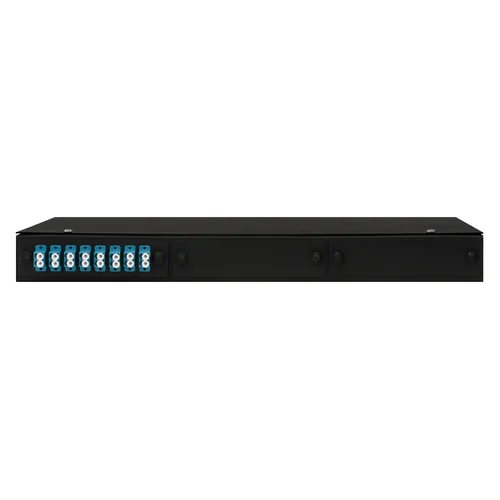 Кросс оптический 19" (ШКОС) укомплектованный на 16 LC портов, черный (комплект с розетками и пигтейлами)