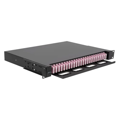 Кросс оптический 19" (ШКОС) на 24 порта LC Quadro, выдвижной, 1U, черный (комплект с розетками и пигтейлами)