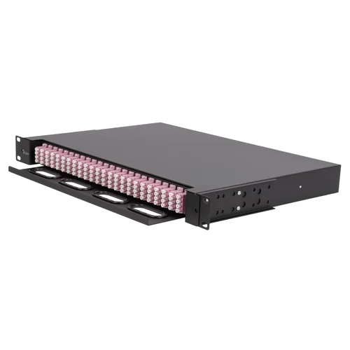 Кросс оптический 19" (ШКОС) на 24 порта LC Quadro, выдвижной, 1U, черный (комплект с розетками и пигтейлами)