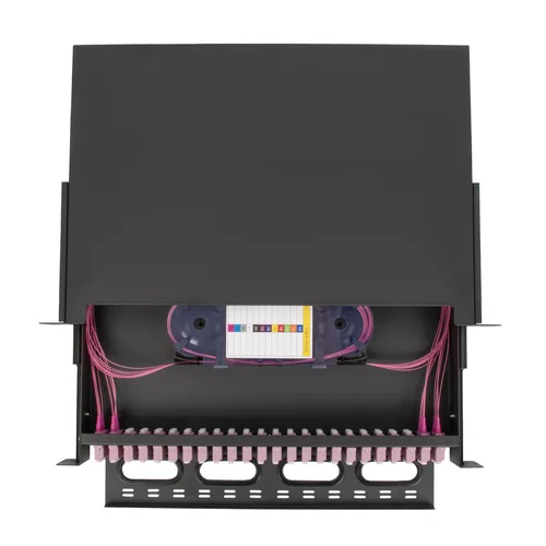 Кросс оптический 19" (ШКОС) на 24 порта LC Quadro, выдвижной, 1U, черный (комплект с розетками и пигтейлами)