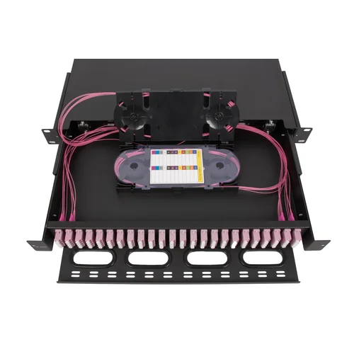 Кросс оптический 19" (ШКОС) на 24 порта LC Quadro, выдвижной, 1U, черный (комплект с розетками и пигтейлами)