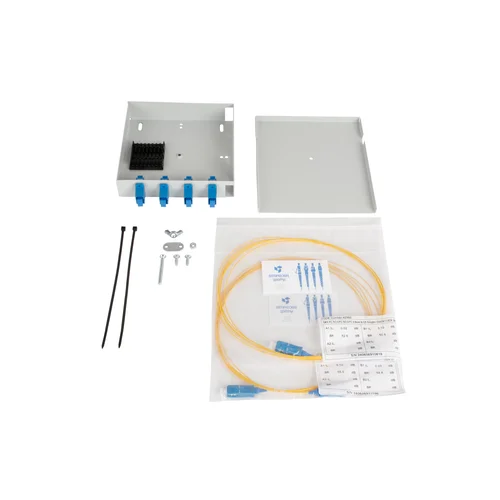 Кросс оптический настенный (ШКОН) 4 порта укомплектованный на 4 SC порта (комплект с розетками и пигтейлами)