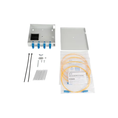 Кросс оптический настенный (ШКОН) 4 порта укомплектованный на 4 SC порта (комплект с розетками и пигтейлами)