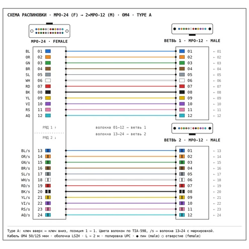 Кабельная сборка 1 MPO/UPC (24 ОВ),female - 2 MPO /UPC (12 ОВ),male,ОМ4, type A, 2 метра