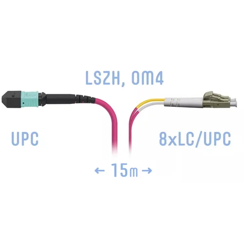 Патчкорд оптический MPO/UPC-8LC/UPC, DPX, MM (50/125 OM4), 15 метров