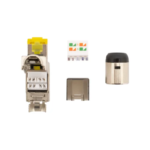 Коннектор SNR RJ45/8P8C под витую пару, Кат.8 (Класс I), 2000МГц, покрытие 50мкд, T568B, самозажимной, полный экран, металлик