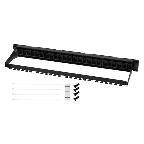 Коммутационная панель SNR, 19" для модулей KeyStone, незагруженная, неэкранированная, 1U, 24 порта, cat.5e, разборная, порты со шторками