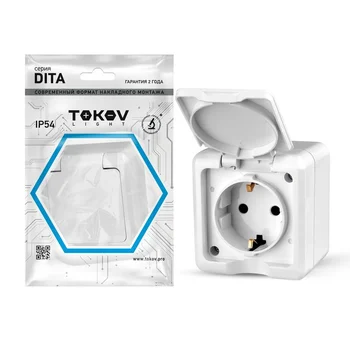 Розетка 1-м ОП Dita 16А IP54 250В с заземл. с крышкой бел. TOKOV ELECTRIC TKL-DT-R1Z-C01-IP54