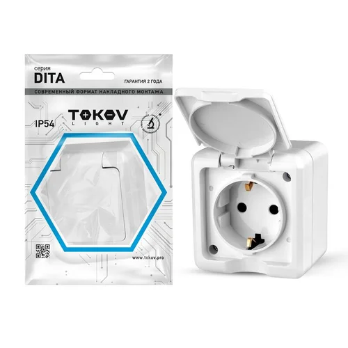 Розетка 1-м ОП Dita 16А IP54 250В с заземл. с крышкой бел. TOKOV ELECTRIC TKL-DT-R1Z-C01-IP54