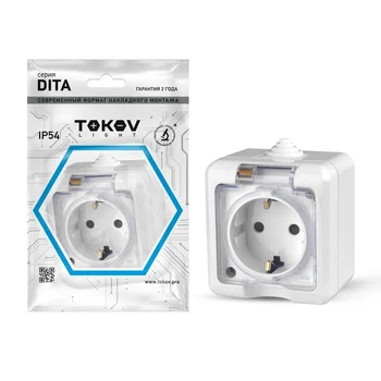 Розетка 1-м ОП Dita 16А IP54 250В с заземл. с прозр. крышкой бел. TOKOV ELECTRIC TKL-DT-R1Z-C01T-IP5