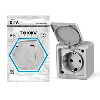 Розетка 1-м ОП Dita 16А IP54 250В с заземл. с крышкой сер. TOKOV ELECTRIC TKL-DT-R1Z-C06-IP54