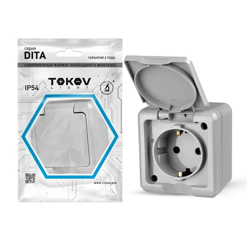 Розетка 1-м ОП Dita 16А IP54 250В с заземл. с крышкой сер. TOKOV ELECTRIC TKL-DT-R1Z-C06-IP54