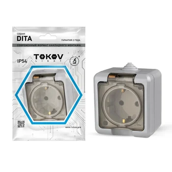 Розетка 1-м ОП Dita 16А IP54 250В с заземл. с прозр. крышкой сер. TOKOV ELECTRIC TKL-DT-R1Z-C06T-IP5