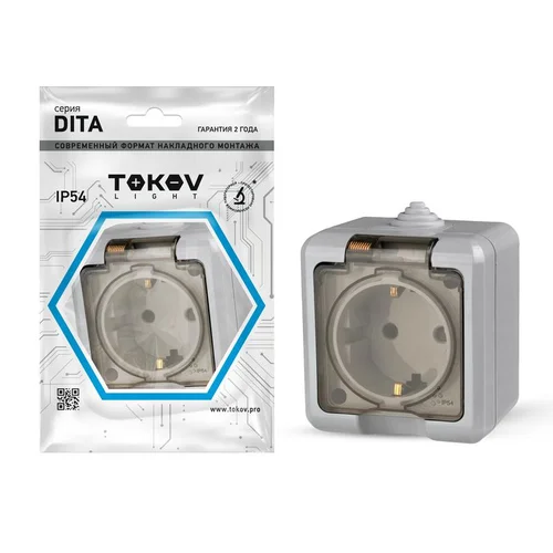 Розетка 1-м ОП Dita 16А IP54 250В с заземл. с прозр. крышкой сер. TOKOV ELECTRIC TKL-DT-R1Z-C06T-IP5