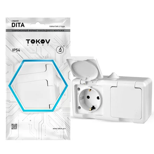 Розетка 2-м ОП Dita 16А IP54 250В с заземл. с крышкой бел. TOKOV ELECTRIC TKL-DT-R2Z-C01-IP54