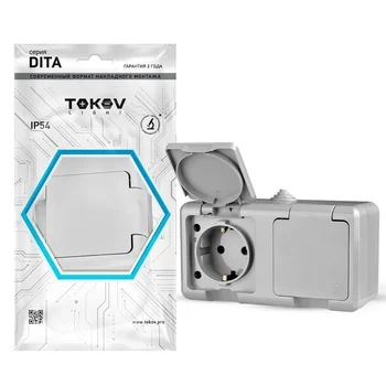 Розетка 2-м ОП Dita 16А IP54 250В с заземл. с крышкой сер. TOKOV ELECTRIC TKL-DT-R2Z-C06-IP54