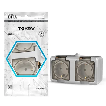 Розетка 2-м ОП Dita 16А IP54 250В с заземл. с прозр. крышкой сер.TOKOV ELECTRIC TKL-DT-R2Z-C06T-IP54