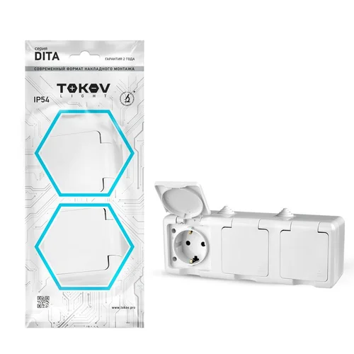 Розетка 3-м ОП Dita 16А IP54 250В с заземл. с крышкой бел. TOKOV ELECTRIC TKL-DT-R3Z-C01-IP54
