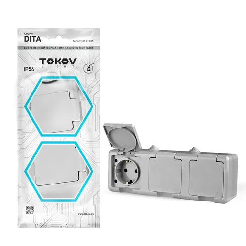 Розетка 3-м ОП Dita 16А IP54 250В с заземл. с сер. крышкой сер. TOKOV ELECTRIC TKL-DT-R3Z-C06-IP54