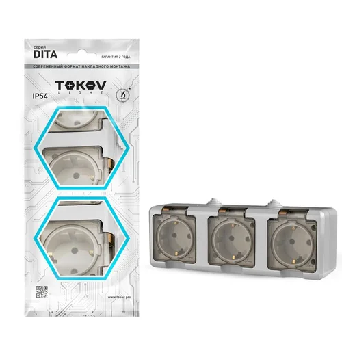 Розетка 3-м ОП Dita 16А IP54 250В с заземл. с прозр. крышкой сер.TOKOV ELECTRIC TKL-DT-R3Z-C06T-IP54