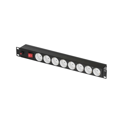 Блок электрических розеток TLK, 19", 8 гнезд "евророзетка", макс. нагрузка 10 А, без шнура питания, вход С14, с фильтром и предохранителем