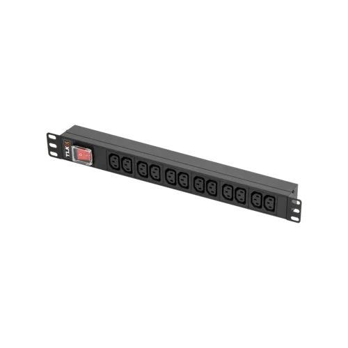 Блок электрических розеток TLK, 19", 12 гнезд C13, макс. нагрузка 10 А, без шнура питания, вход С14 + предохранитель 10 А, метал. корпус