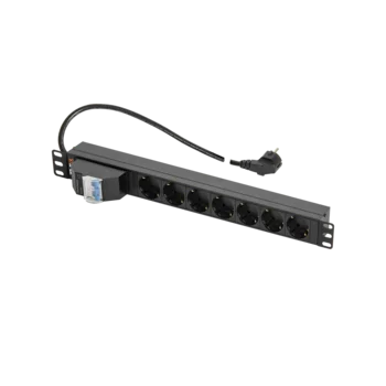 Блок электрических розеток TLK, 19", 7 гнезд "евророзетка", 16A, двухполюсный автомат 16А, шнур питания 2 метра, "евровилка", сечение 3*1,5 мм2