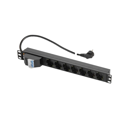 Блок электрических розеток TLK, 19", 7 гнезд "евророзетка", 16A, двухполюсный автомат 16А, шнур питания 2 метра, "евровилка", сечение 3*1,5 мм2