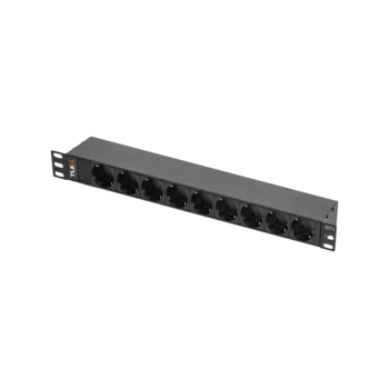 Блок электрических розеток TLK, 19", 9 гнезд "евророзетка", макс. нагрузка 10 А, без шнура питания, вход С14 + предохранитель 10 А, метал. корпус