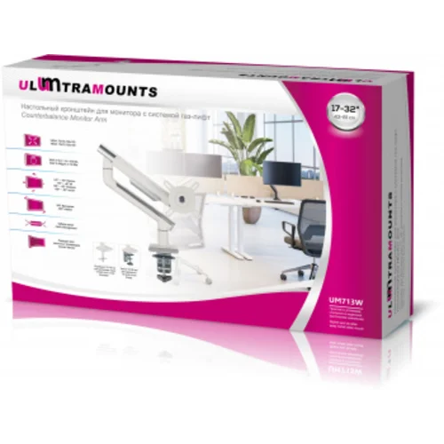 Кронштейн для мониторов Ultramounts UM713W белый 17"-32" макс.9кг крепление к столешнице поворот и н