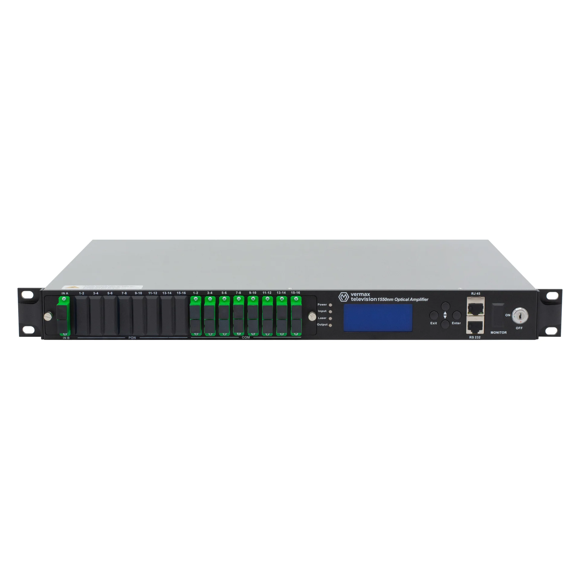 Оптический усилитель VERMAX для сетей КТВ, 2 входа, 16*17dBm выход, 1U, AC+DC, RF Анализатор, измеритель обратного отражения