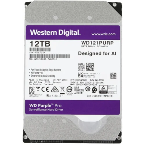 Жесткий диск WD SATA-III 12TB WD121PURP Surveillance Purple Pro (7200rpm) 256Mb 3.5"